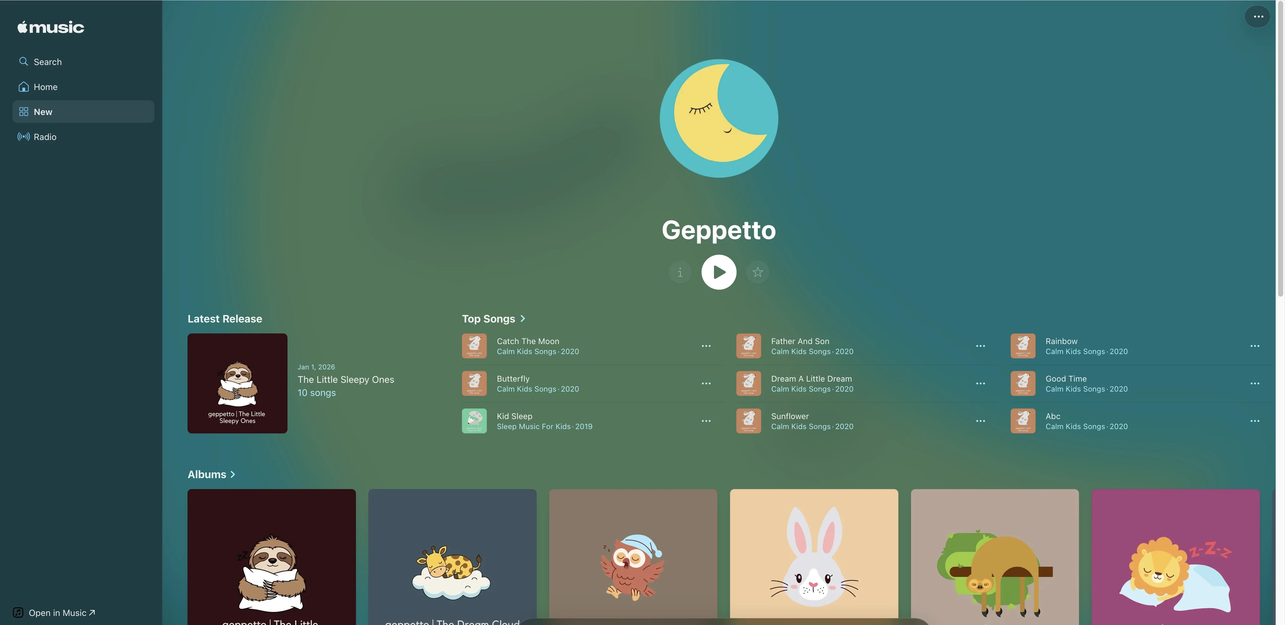 Actual Geppetto Apple Music artist page with original album artwork and songs